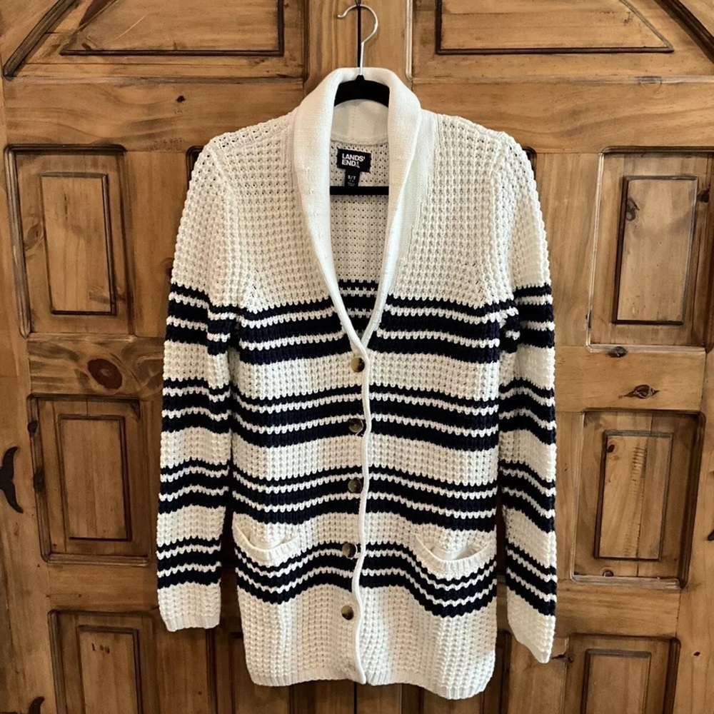 Lands' End Women's Navy and White Striped Sweater